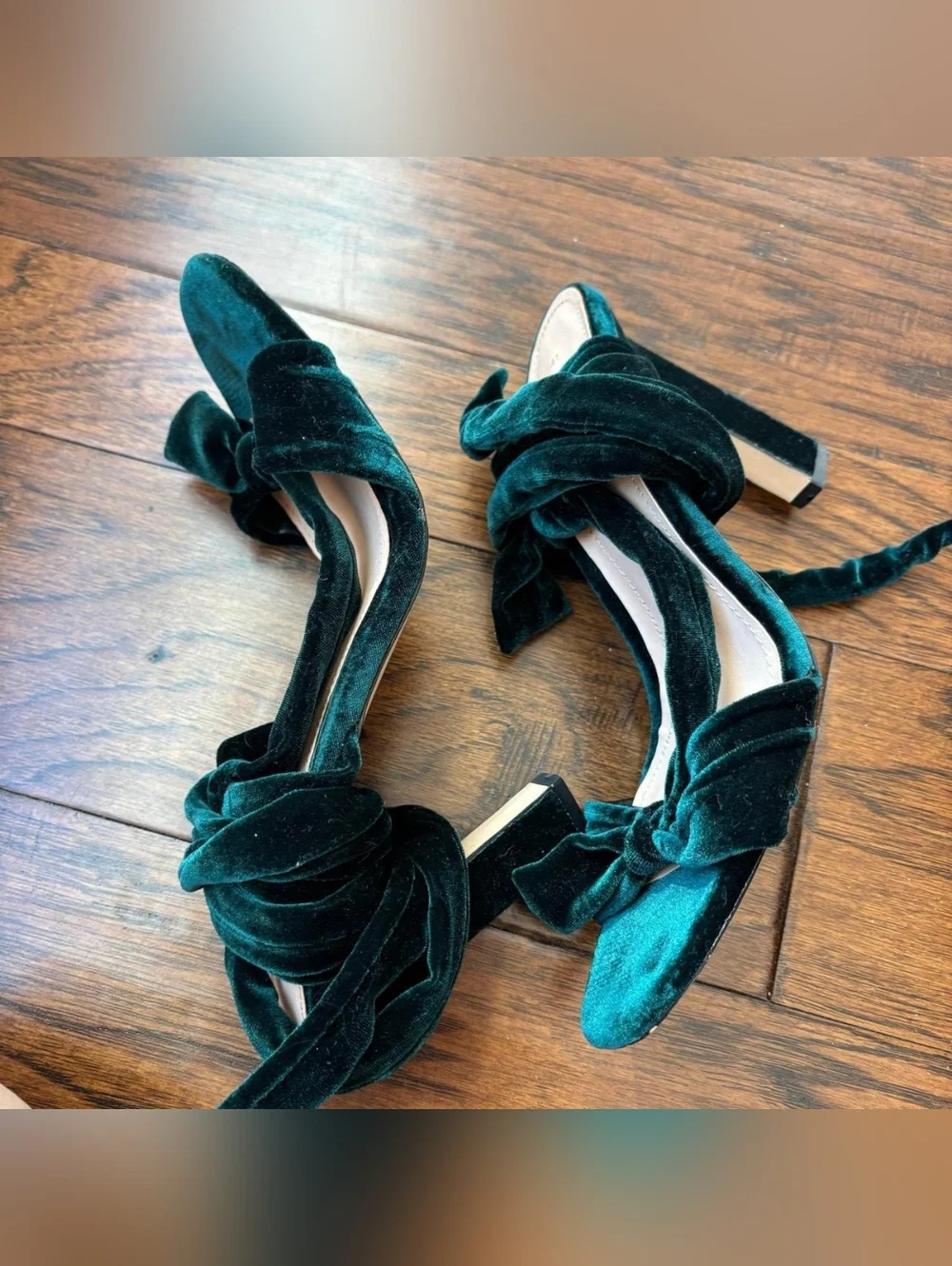 Zara Emerald Green Velvet Bow Sandals Lace Up Ankle Tie Block Heels Size 10 - Picture 7 of 8